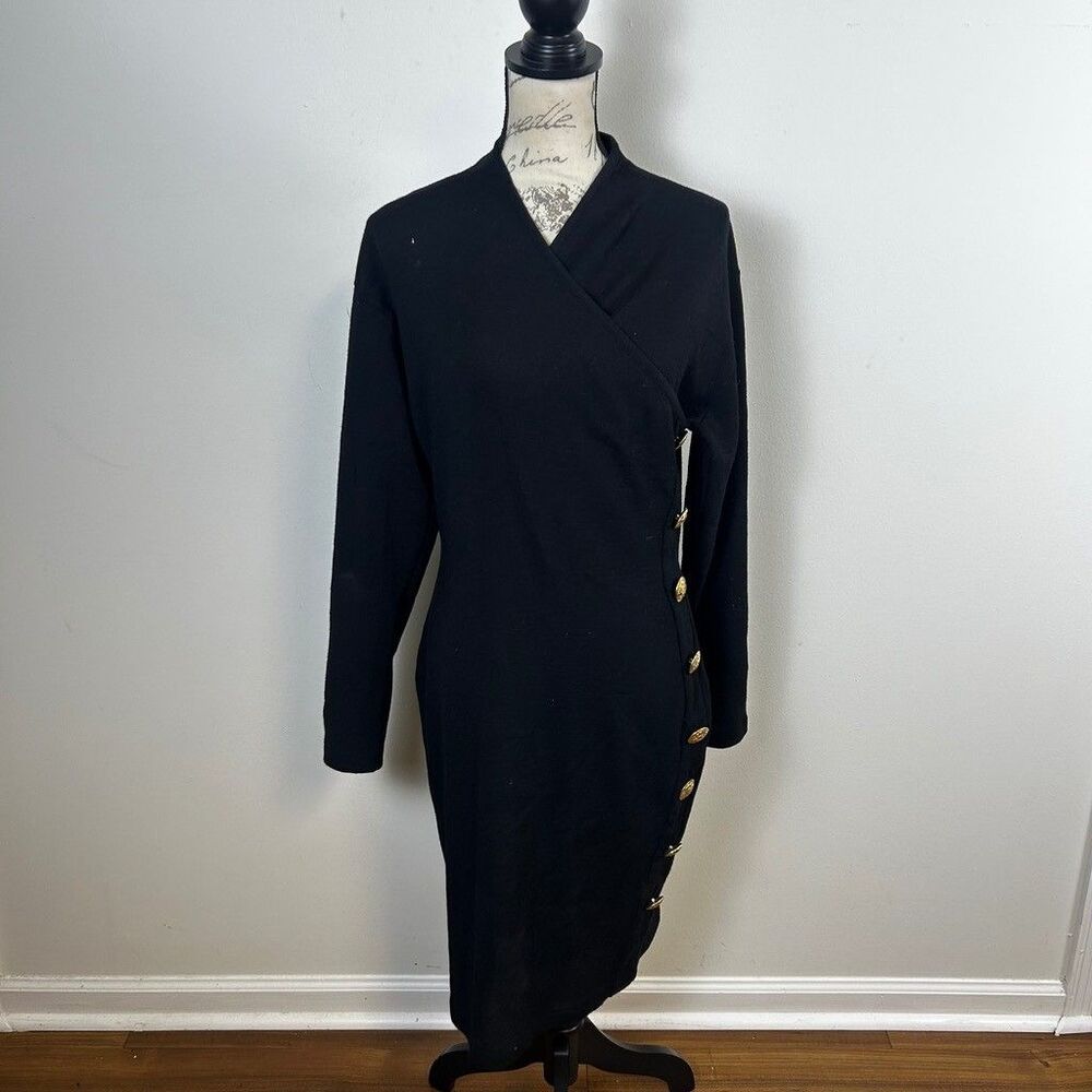 Andrea Jovine Vintage Womens L Black 100% Wool Knit Wrap Dress Gold Buttons